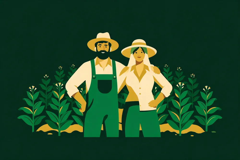 An adult farming family in their field