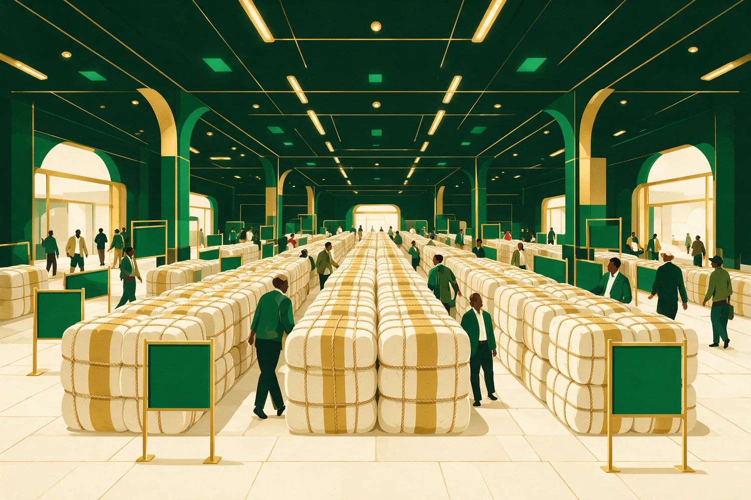 The Ethical Sales Floor: rows of bales under the auction roof