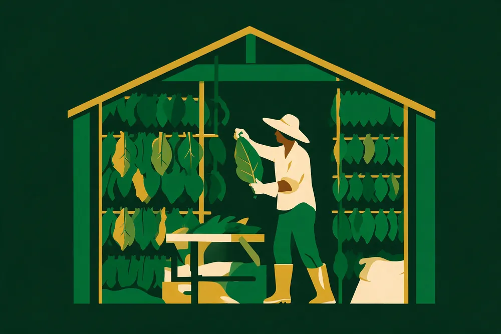 A tobacco worker in protective gear handling leaf