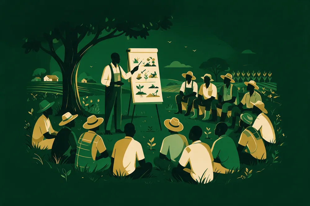 An extension officer training a group of farmers