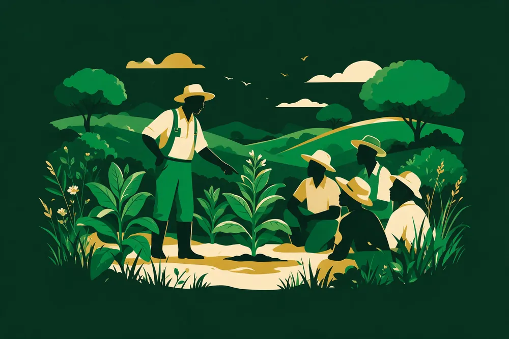 An extension officer teaching farmers in the field